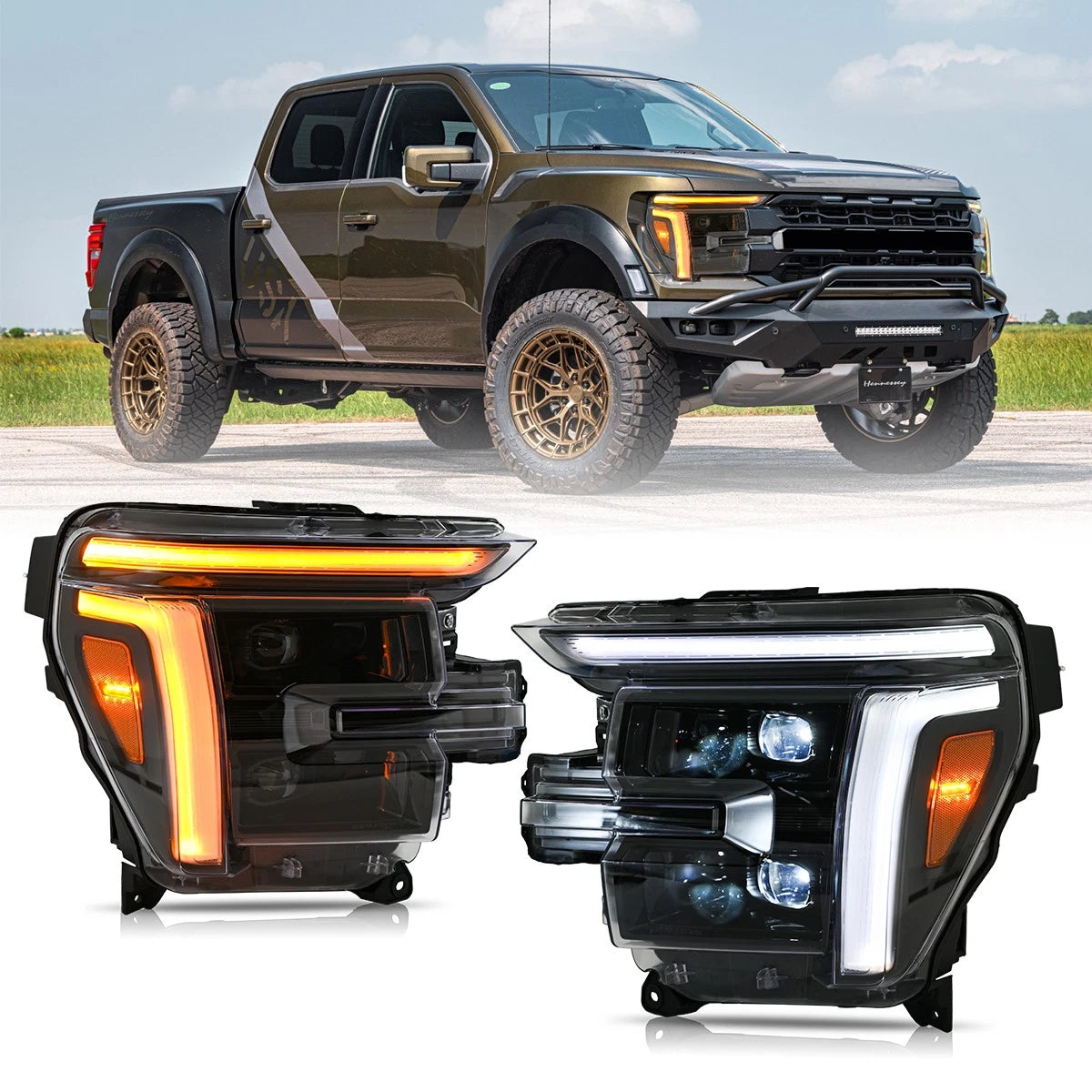 2024-2026 Ford F150 + Raptor White/Amber LED Projector Headlights - AutoLEDTech.com