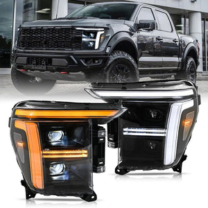 2021-2023 Ford F150/Raptor White/Amber LED DRL Headlights - 2024+ Style