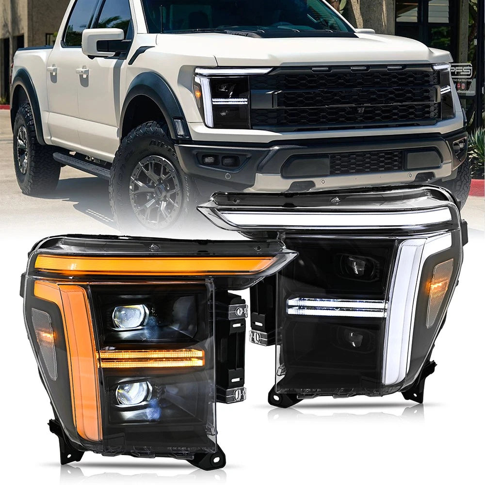 2021-2023 Ford F150/Raptor White/Amber LED DRL Headlights - 2024+ Style