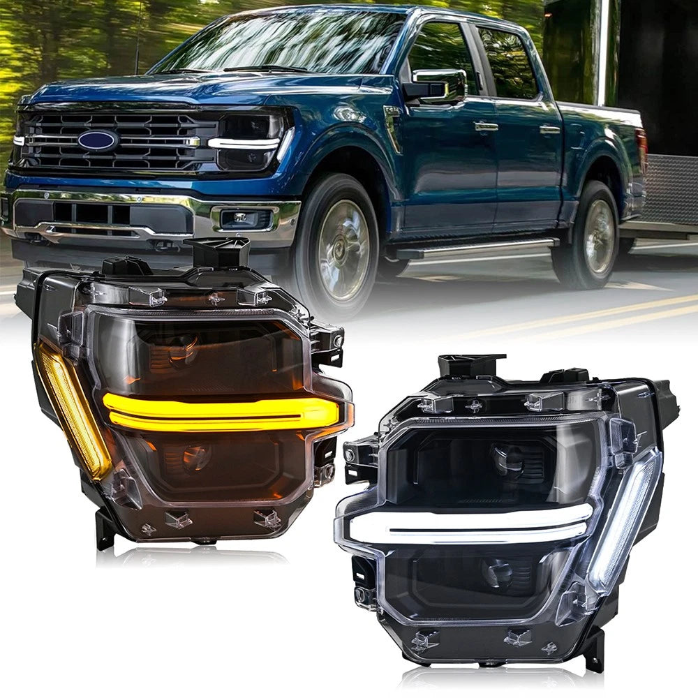 2024-2026 Ford F150 White + Amber LED DRL Projector Headlights (STX XLT XL) - AutoLEDTech.com