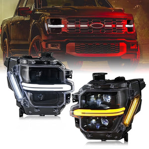 2024-2026 Ford F150 White + Amber LED DRL Projector Headlights (STX XLT XL) - AutoLEDTech.com