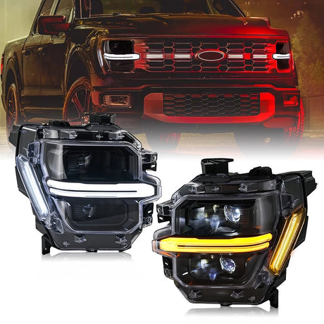 2024-2026 Ford F150 White + Amber LED DRL Projector Headlights (STX XLT XL) - AutoLEDTech.com