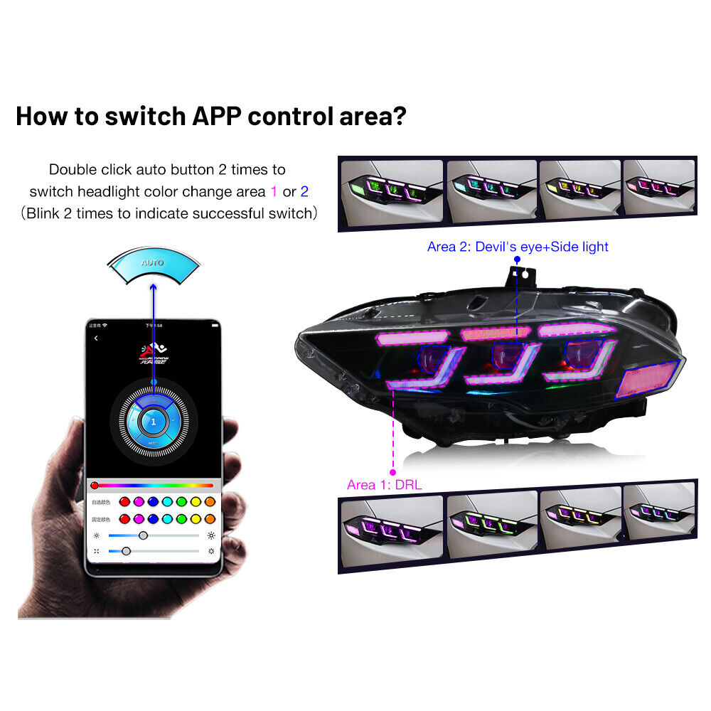 2018-2023 Ford Mustang RGB FLOW SERIES Tri-Beam LED DRL Projector Headlights