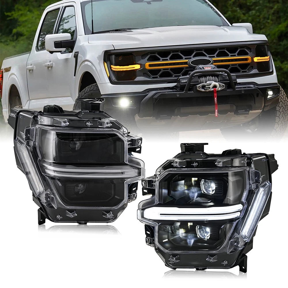 2024-2026 Ford F150 White + Amber LED DRL Projector Headlights (STX XLT XL) - AutoLEDTech.com