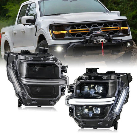 2024-2026 Ford F150 White + Amber LED DRL Projector Headlights (STX XLT XL) - AutoLEDTech.com