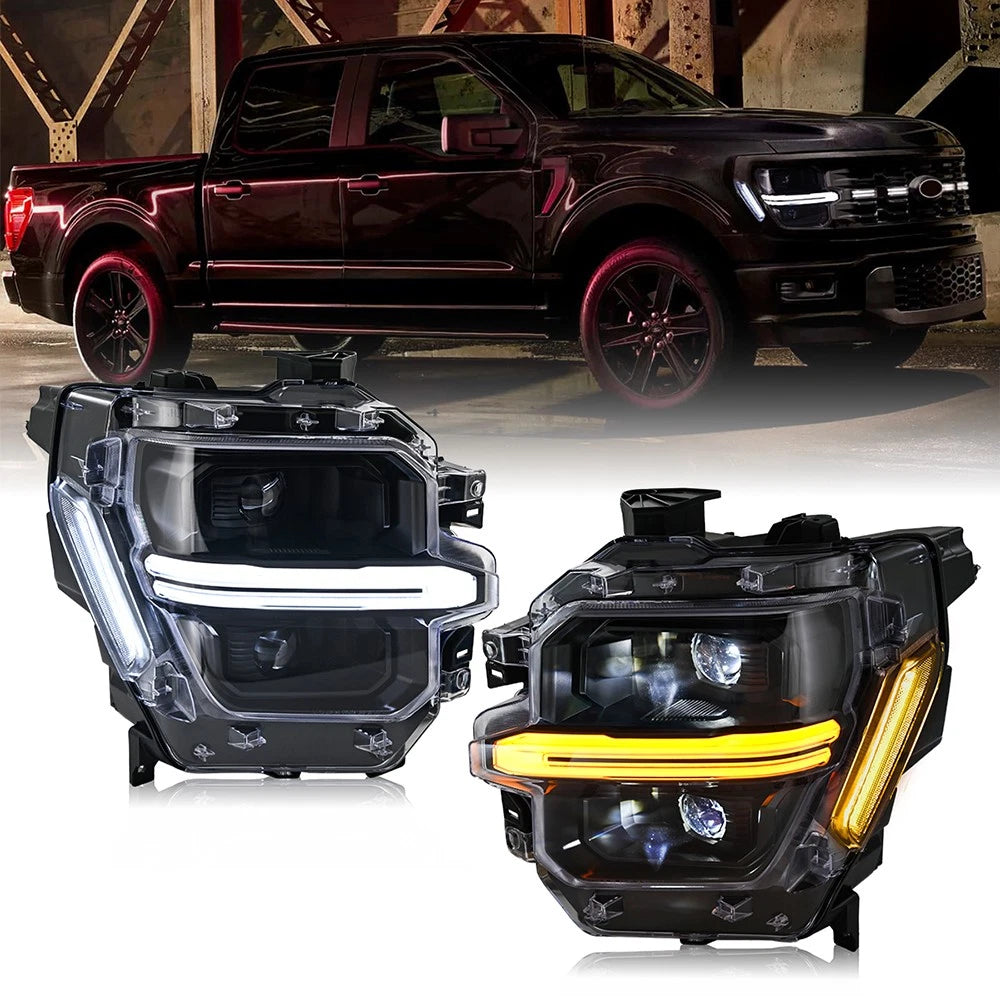 2024-2026 Ford F150 White + Amber LED DRL Projector Headlights (STX XLT XL) - AutoLEDTech.com