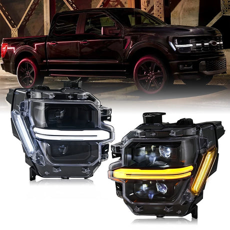 2024-2026 Ford F150 White + Amber LED DRL Projector Headlights (STX XLT XL) - AutoLEDTech.com