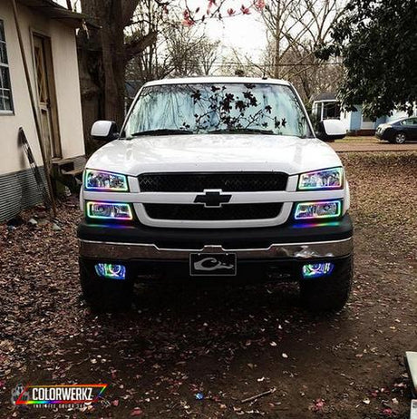 2003-2006 Chevrolet Silverado & Avalanche RGBW Color-Chasing LED Halo Kit LED headlight kit AutoLEDTech Oracle Lighting Trendz Flow Series RGBHaloKits OneUpLighting Morimoto