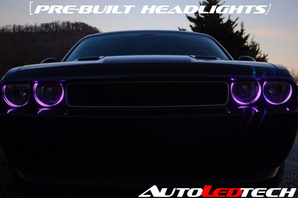 2008-2014 Dodge Challenger RGBW Color-Chasing LED Halo Halogen Headlights  (Flow Series)
