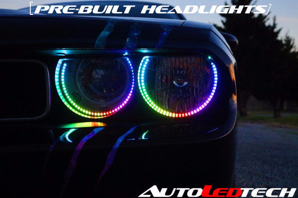 2008-2014 Dodge Challenger RGBW Color-Chasing LED Halo Halogen Headlights (Flow Series) LED headlight kit AutoLEDTech Oracle Lighting Trendz Flow Series RGBHaloKits OneUpLighting Morimoto