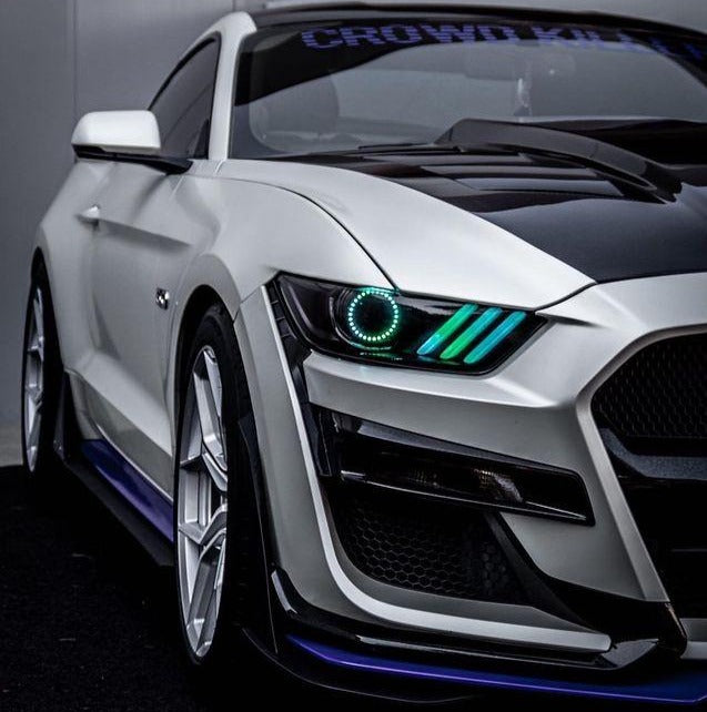 2015-2020 Ford Mustang RGBW Color-Chasing LED DRL Halo Prebuilt Headlights (Flow Series) LED headlight kit AutoLEDTech Oracle Lighting Trendz Flow Series RGBHaloKits OneUpLighting Morimoto