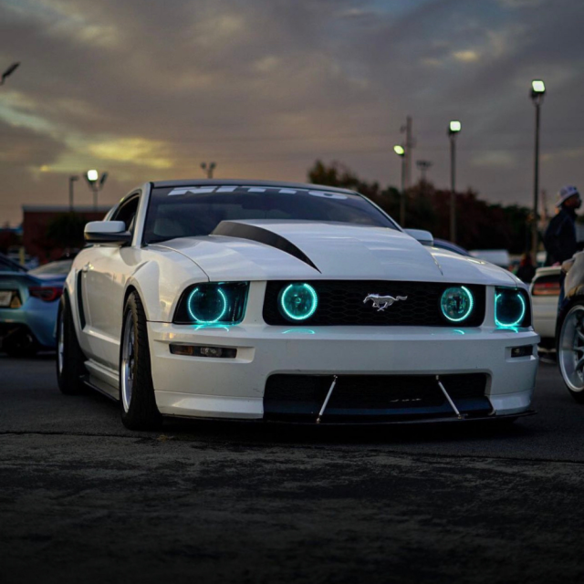 2005-2009 Ford Mustang RGBW Color-Chasing LED Halo Kit LED headlight kit AutoLEDTech Oracle Lighting Trendz Flow Series RGBHaloKits OneUpLighting Morimoto