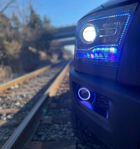 2009-2018 Dodge Ram 1500 2500 RGBW Color-Chasing LED Halo DRL Prebuilt Headlights LED headlight kit AutoLEDTech Oracle Lighting Trendz Flow Series RGBHaloKits OneUpLighting Morimoto