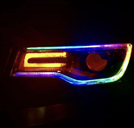 2011-2021 Jeep Grand Cherokee WK2 RGBW Color-Chasing LED DRL Replacement Headlights - Halogen to LED DRL HID Conversion LED headlight kit AutoLEDTech Oracle Lighting Trendz Flow Series RGBHaloKits OneUpLighting Morimoto