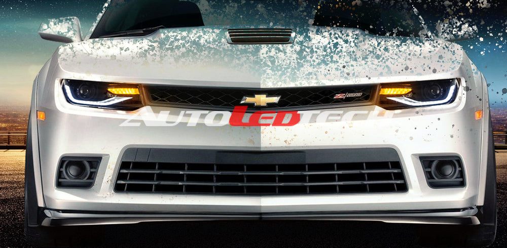 2014-2015 Chevrolet Camaro LED DRL Projector Headlights - 2016+ Style Design LED headlight kit AutoLEDTech Oracle Lighting Trendz Flow Series RGBHaloKits OneUpLighting Morimoto