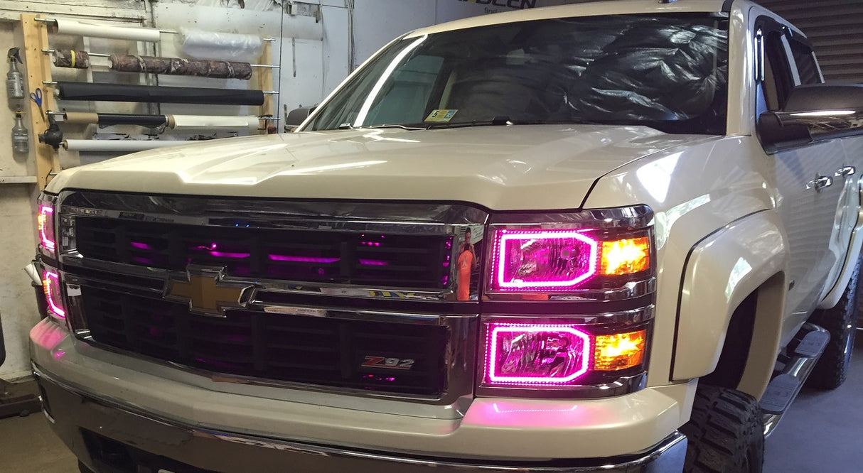 2014-2015 Chevrolet Silverado RGBW Color-Chasing LED Halo Kit (Halogen) LED headlight kit AutoLEDTech Oracle Lighting Trendz Flow Series RGBHaloKits OneUpLighting Morimoto