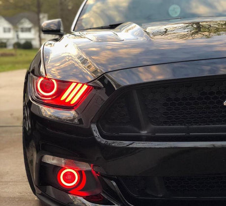 2015-2020 Ford Mustang RGBW Color-Chasing LED DRL Halo Prebuilt Headlights (Flow Series) LED headlight kit AutoLEDTech Oracle Lighting Trendz Flow Series RGBHaloKits OneUpLighting Morimoto