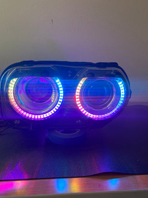 2015-2023 Dodge Challenger RGBW Color-Chasing LED Halo DRL Prebuilt Headlights (Flow Series) LED headlight kit AutoLEDTech Oracle Lighting Trendz Flow Series RGBHaloKits OneUpLighting Morimoto