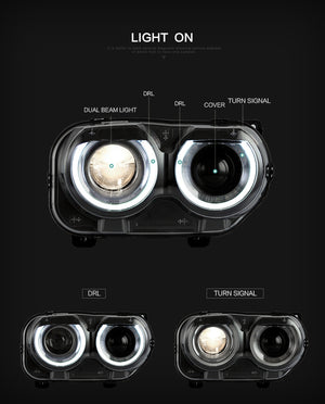 2015-2023 Dodge Challenger RGBW Color-Chasing LED Halo DRL Prebuilt Headlights (Flow Series) LED headlight kit AutoLEDTech Oracle Lighting Trendz Flow Series RGBHaloKits OneUpLighting Morimoto