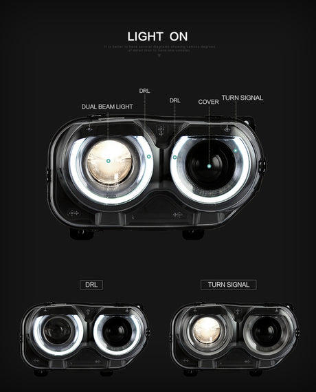 2015-2023 Dodge Challenger RGBW Color-Chasing LED Halo DRL Prebuilt Headlights (Flow Series) LED headlight kit AutoLEDTech Oracle Lighting Trendz Flow Series RGBHaloKits OneUpLighting Morimoto