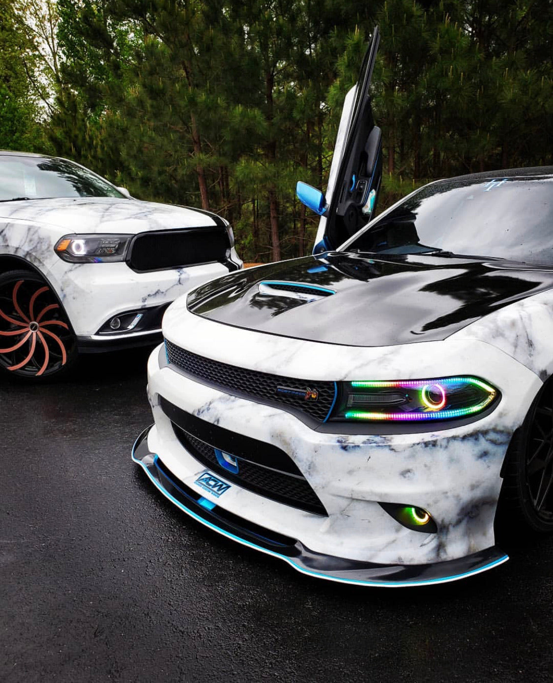 2015-2023 Dodge Charger RGBW Color-Chasing Halo LED DRL Prebuilt Halo Headlights (Flow Series) LED headlight kit AutoLEDTech Oracle Lighting Trendz Flow Series RGBHaloKits OneUpLighting Morimoto