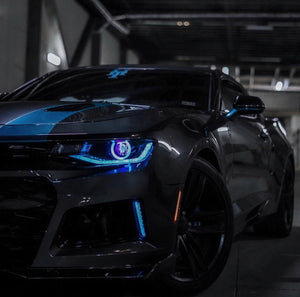 2016-2018 Chevrolet Camaro RGBW Color-Chasing Halo LED DRL Prebuilt Halo Headlights (Flow Series) LED headlight kit AutoLEDTech Oracle Lighting Trendz Flow Series RGBHaloKits OneUpLighting Morimoto