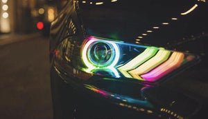 2018-2023 Ford Mustang RGBW Color-Chasing LED DRL Halo Prebuilt Headlights (Flow Series) LED headlight kit AutoLEDTech Oracle Lighting Trendz Flow Series RGBHaloKits OneUpLighting Morimoto