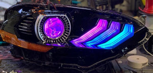 2018-2023 Ford Mustang RGBW Color-Chasing LED DRL Halo Prebuilt Headlights (Flow Series) LED headlight kit AutoLEDTech Oracle Lighting Trendz Flow Series RGBHaloKits OneUpLighting Morimoto