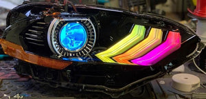 2018-2023 Ford Mustang RGBW Color-Chasing LED DRL Halo Prebuilt Headlights (Flow Series) LED headlight kit AutoLEDTech Oracle Lighting Trendz Flow Series RGBHaloKits OneUpLighting Morimoto