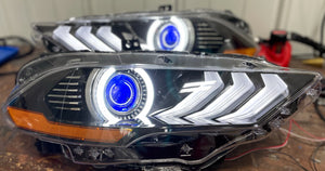 2018-2023 Ford Mustang RGBW Color-Chasing LED DRL Halo Prebuilt Headlights (Flow Series) LED headlight kit AutoLEDTech Oracle Lighting Trendz Flow Series RGBHaloKits OneUpLighting Morimoto