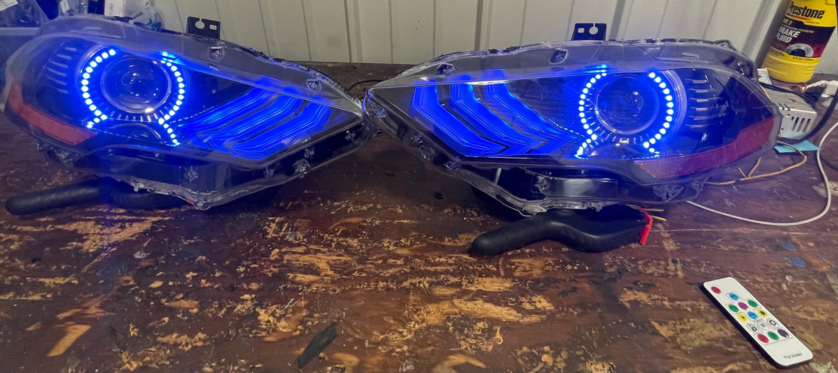 2018-2023 Ford Mustang RGBW Color-Chasing LED DRL Halo Prebuilt Headlights (Flow Series) LED headlight kit AutoLEDTech Oracle Lighting Trendz Flow Series RGBHaloKits OneUpLighting Morimoto