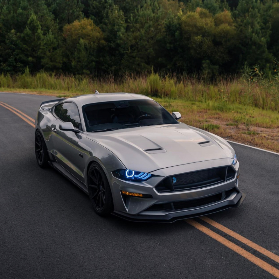 2018-2023 Ford Mustang RGBW Color-Chasing LED DRL Halo Prebuilt Headlights (Flow Series) LED headlight kit AutoLEDTech Oracle Lighting Trendz Flow Series RGBHaloKits OneUpLighting Morimoto