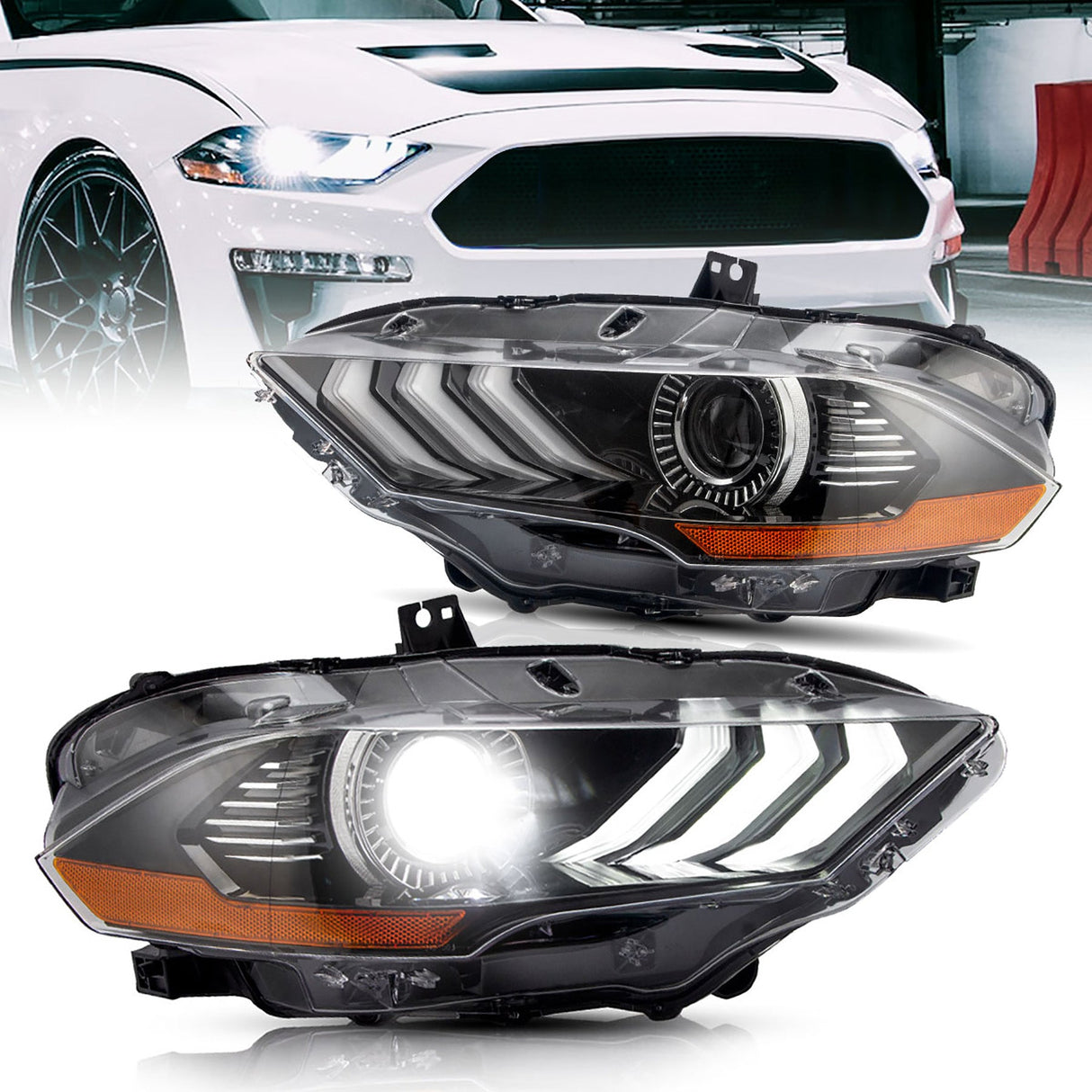 2018-2022 Ford Mustang UNSEALED Bi-LED DRL Replacement Left Right Headlight Assemblies - Retrofit Ready! LED headlight kit AutoLEDTech Oracle Lighting Trendz Flow Series RGBHaloKits OneUpLighting Morimoto