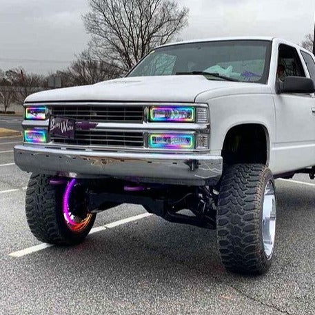 1989-1999 Chevrolet C/K 1500/2500/3500 Silverado Suburban Tahoe RGBW Color-Chasing LED Halo Kit LED headlight kit AutoLEDTech Oracle Lighting Trendz Flow Series RGBHaloKits OneUpLighting Morimoto