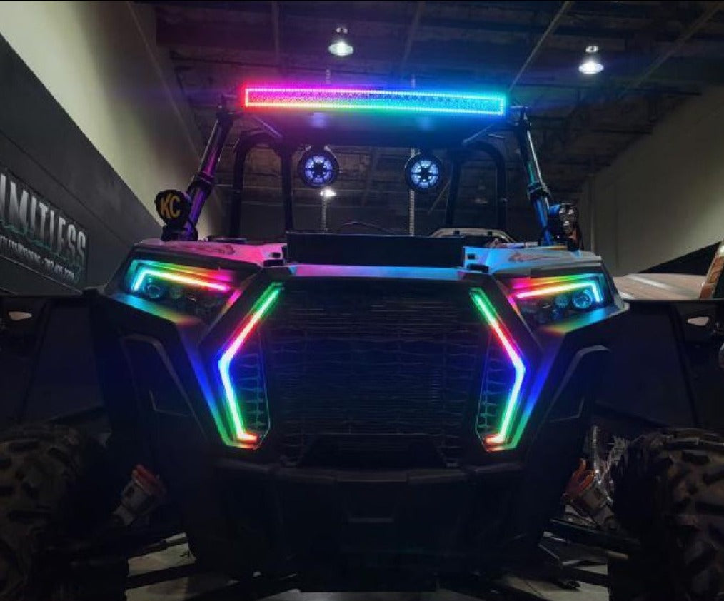 2019-2022 Polaris RZR XP 1000/Turbo/S RGBW Color-Chasing LED Fang Grill DRL Lights LED headlight kit AutoLEDTech Oracle Lighting Trendz Flow Series RGBHaloKits OneUpLighting Morimoto
