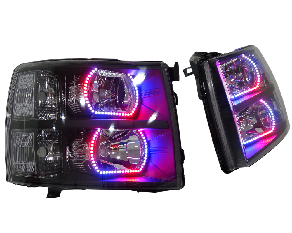 2007-2013 Chevrolet Silverado RGBW Color-Chasing LED Halo Kit LED headlight kit AutoLEDTech Oracle Lighting Trendz Flow Series RGBHaloKits OneUpLighting Morimoto