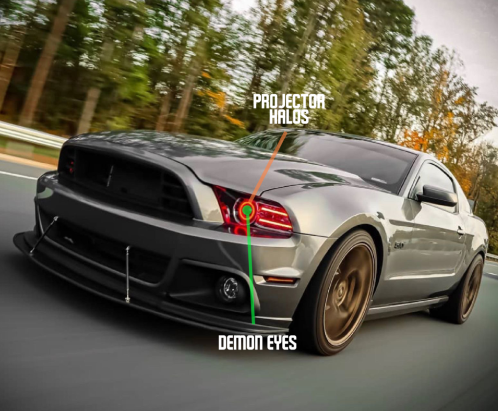 2010-2014 Ford Mustang RGBW Color-Chasing LED DRL Halo Prebuilt Headlights LED headlight kit AutoLEDTech Oracle Lighting Trendz Flow Series RGBHaloKits OneUpLighting Morimoto