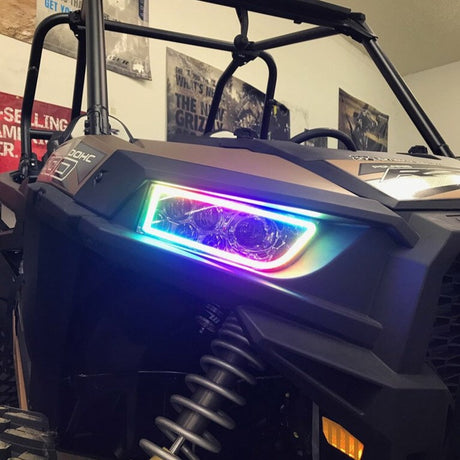 Waterproof Polaris RZR Flow Series Exterior Halo Kit LED headlight kit AutoLEDTech Oracle Lighting Trendz Flow Series RGBHaloKits OneUpLighting Morimoto