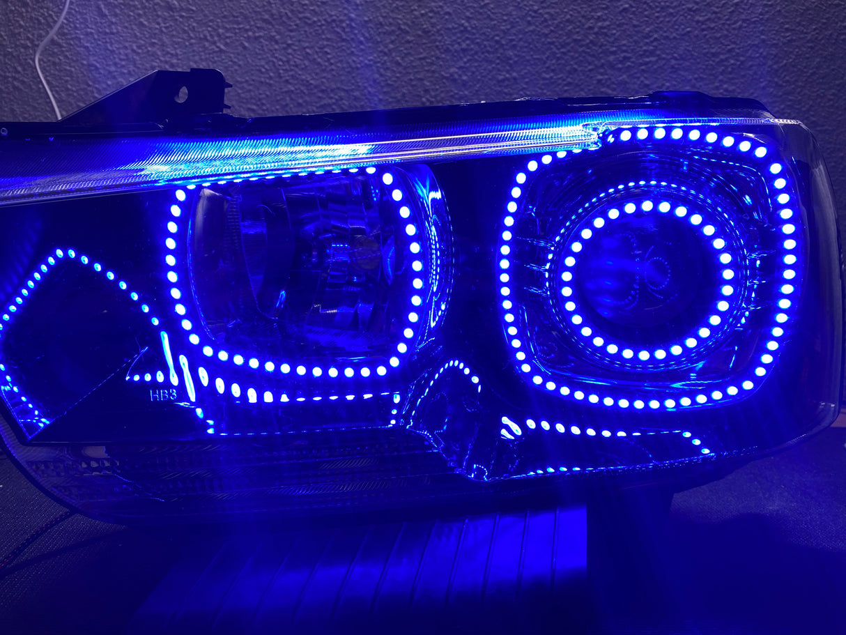 2011-2014 Dodge Charger RGBW Color-Chasing LED Halo OEM Projector Headlights (Flow Series) LED headlight kit AutoLEDTech Oracle Lighting Trendz Flow Series RGBHaloKits OneUpLighting Morimoto