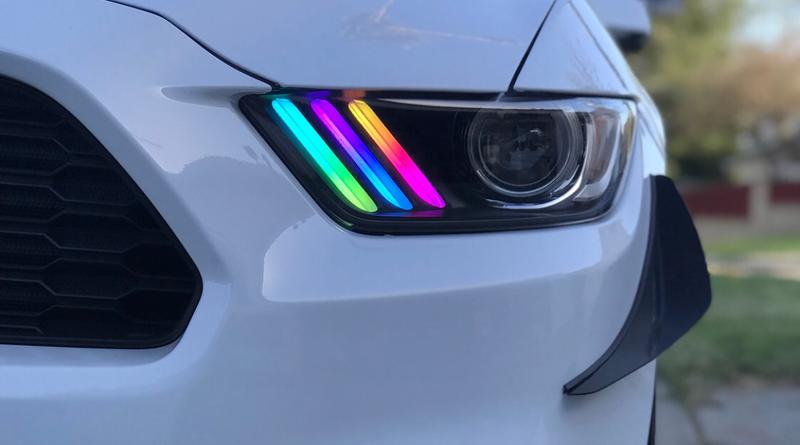 2015-2020 Ford Mustang RGBW Color-Chasing LED DRL Halo Prebuilt Headlights (Flow Series) LED headlight kit AutoLEDTech Oracle Lighting Trendz Flow Series RGBHaloKits OneUpLighting Morimoto