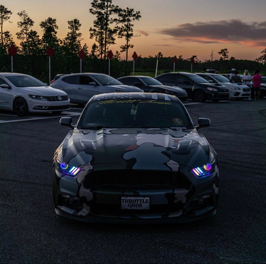 2015-2020 Ford Mustang RGBW Color-Chasing LED DRL Halo Prebuilt Headlights (Flow Series) LED headlight kit AutoLEDTech Oracle Lighting Trendz Flow Series RGBHaloKits OneUpLighting Morimoto