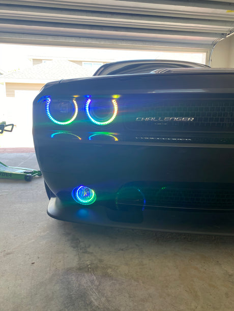 2008-2014 Dodge Challenger RGBW Color-Chasing LED Halo DRL Projector Headlights - 2015+ Style Design LED headlight kit AutoLEDTech Oracle Lighting Trendz Flow Series RGBHaloKits OneUpLighting Morimoto