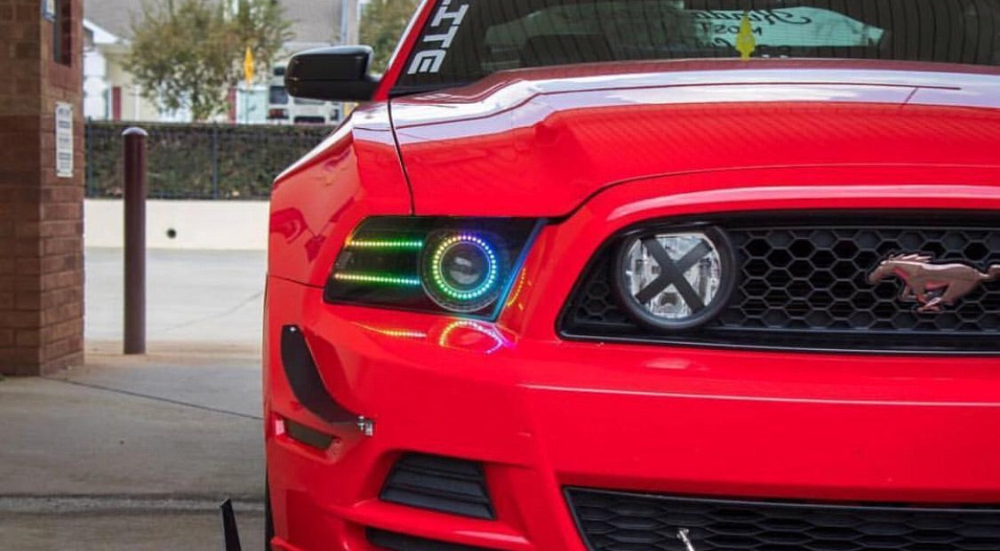 2011-2014 Ford Mustang RGBW Color-Chasing LED Halo Kit LED headlight kit AutoLEDTech Oracle Lighting Trendz Flow Series RGBHaloKits OneUpLighting Morimoto