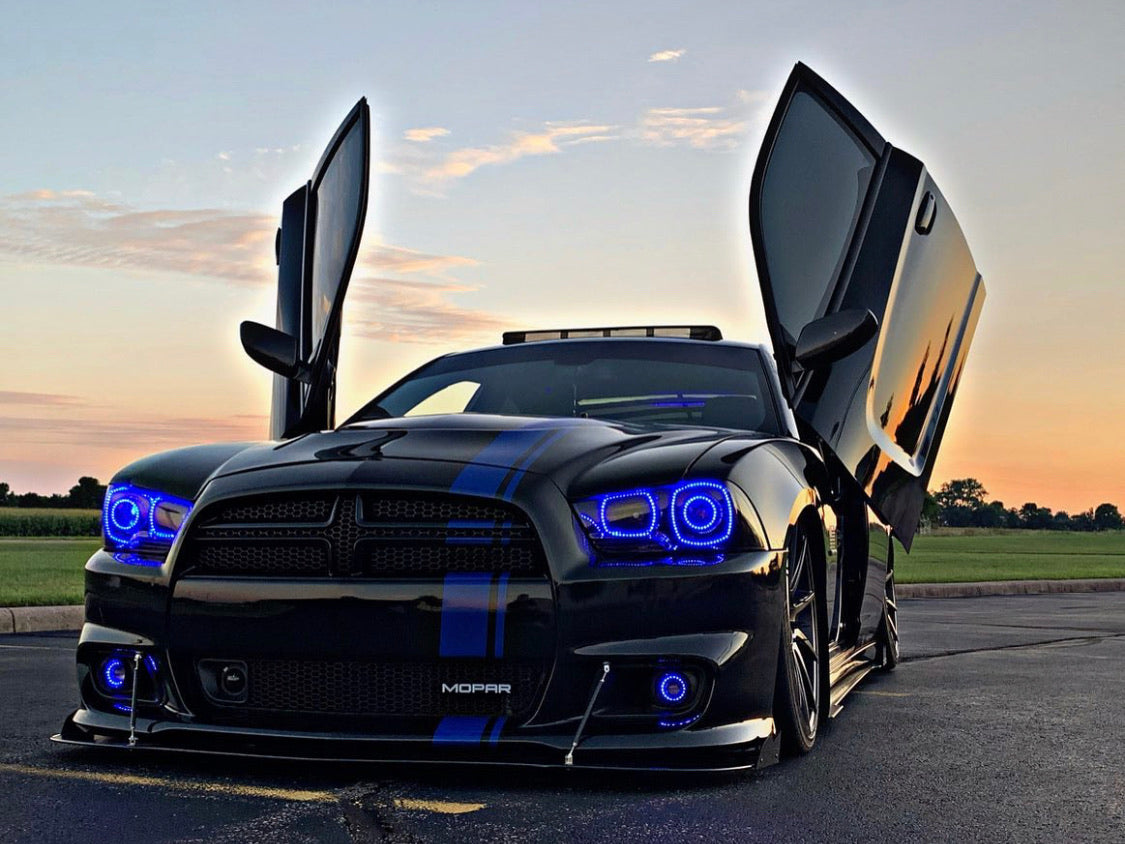 2011-2014 Dodge Charger RGBW Color-Chasing LED Halo OEM Projector Headlights (Flow Series) LED headlight kit AutoLEDTech Oracle Lighting Trendz Flow Series RGBHaloKits OneUpLighting Morimoto