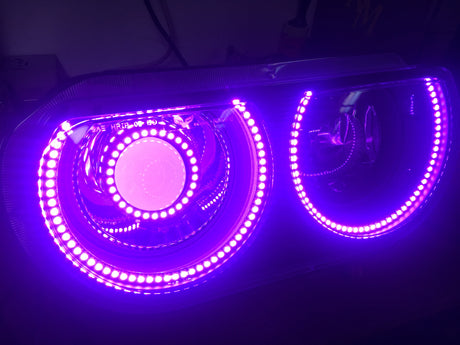 2008-2014 Dodge Challenger RGBW Color-Chasing LED Halo Prebuilt Projector Headlights (Flow Series) LED headlight kit AutoLEDTech Oracle Lighting Trendz Flow Series RGBHaloKits OneUpLighting Morimoto