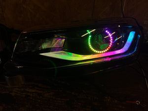 2016-2018 Chevrolet Camaro RGBW Color-Chasing Halo LED DRL Prebuilt Halo Headlights (Flow Series) LED headlight kit AutoLEDTech Oracle Lighting Trendz Flow Series RGBHaloKits OneUpLighting Morimoto