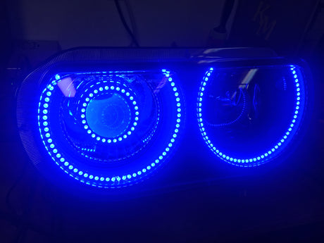 2008-2014 Dodge Challenger RGBW Color-Chasing LED Halo Prebuilt Projector Headlights (Flow Series) LED headlight kit AutoLEDTech Oracle Lighting Trendz Flow Series RGBHaloKits OneUpLighting Morimoto