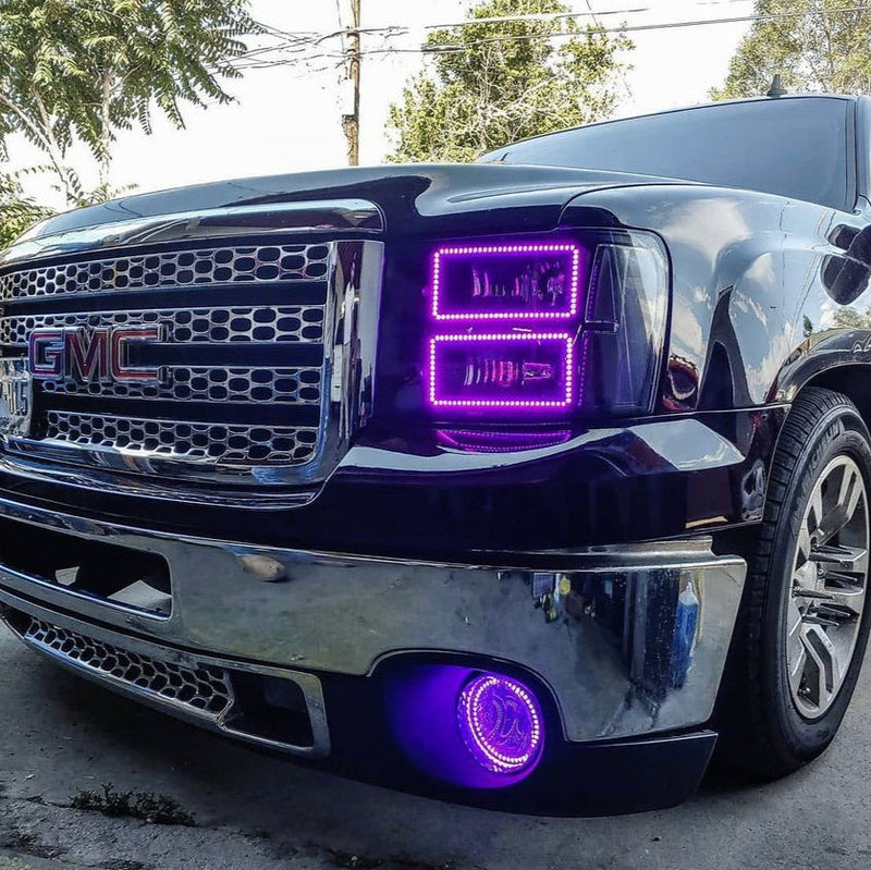 2007-2014 GMC Sierra 1500 2500HD RGBW Color-Chasing LED Halo Kit LED headlight kit AutoLEDTech Oracle Lighting Trendz Flow Series RGBHaloKits OneUpLighting Morimoto