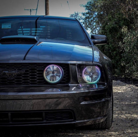 2005-2009 Ford Mustang RGBW Color-Chasing LED Halo Kit LED headlight kit AutoLEDTech Oracle Lighting Trendz Flow Series RGBHaloKits OneUpLighting Morimoto