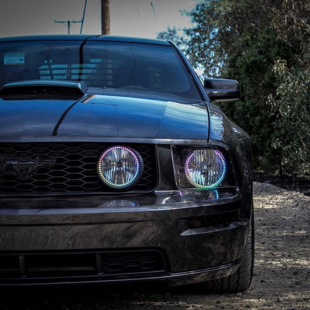 2005-2009 Ford Mustang RGBW Color-Chasing LED Halo Kit LED headlight kit AutoLEDTech Oracle Lighting Trendz Flow Series RGBHaloKits OneUpLighting Morimoto